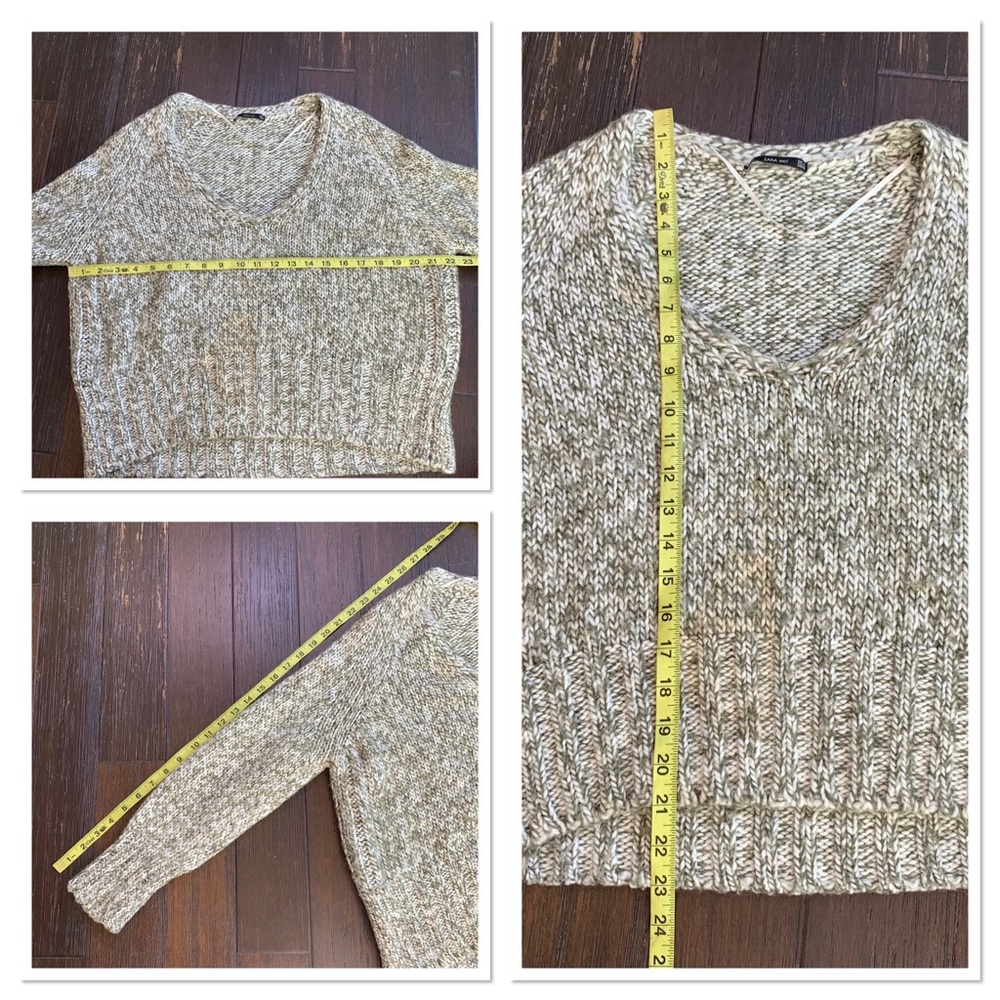 Zara Green White Long Sleeve Knit V Neck Sweater Small - Picture 10 of 10